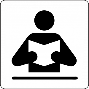 ikona w kolorystyce czarno-białej: osoba czytająca książkę w kwadratowej ramce