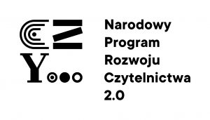 Czarno-biały przycisk przenoszący na podstronę o Narodowym Programie Rozwoju Czytelnictwa 2.0
